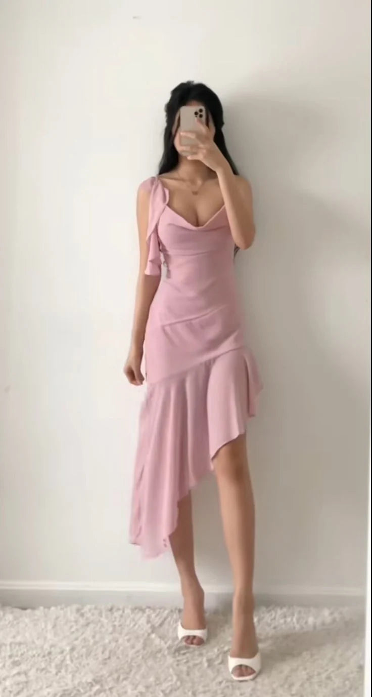 TingPo Wholesale Pretty Sheath Spaghetti Straps Pink Chiffon Prom Dresses With Ruffles